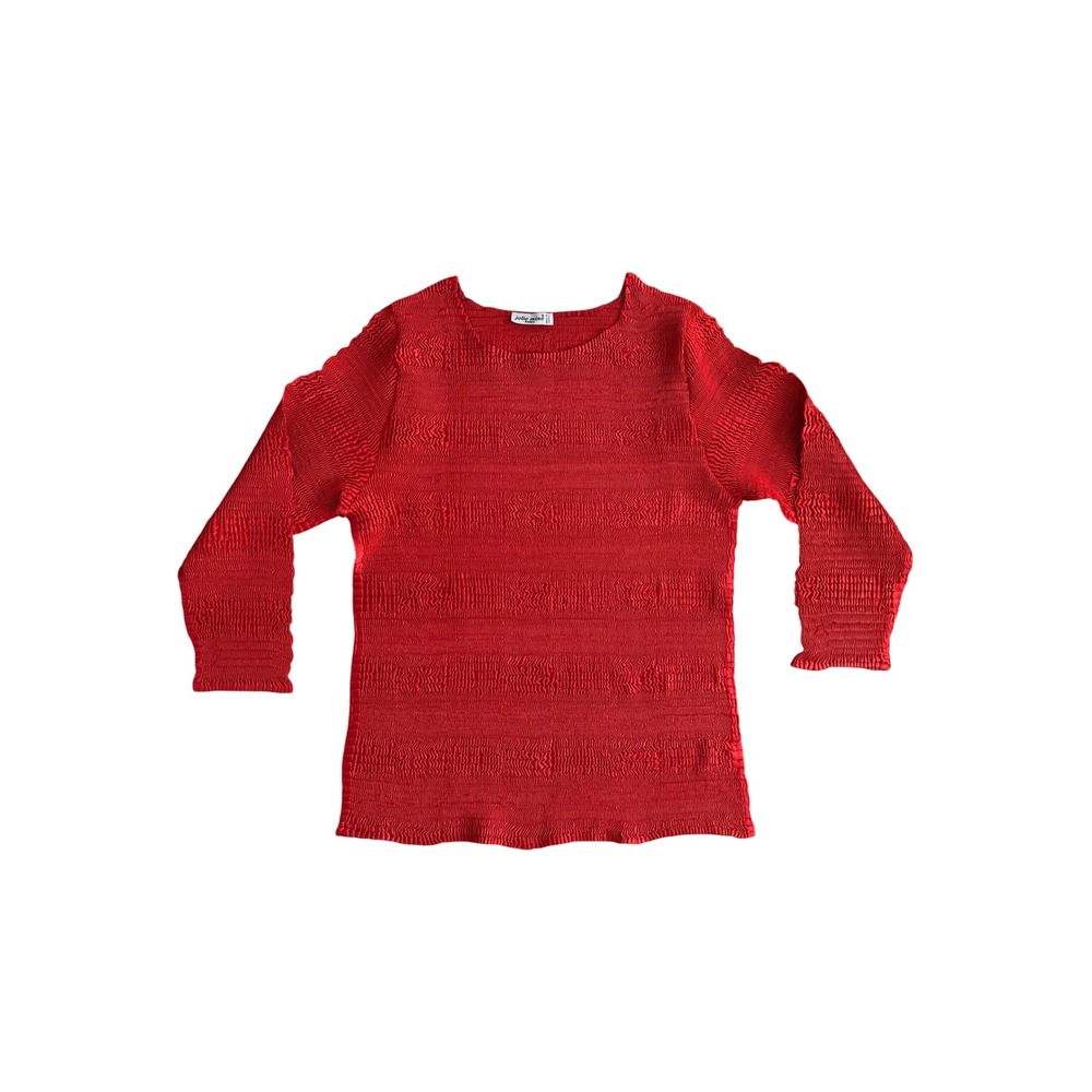 Jolie Mine Paris Red Popcorn Top Long Sleeve Textured Crinkle Blouse Made France